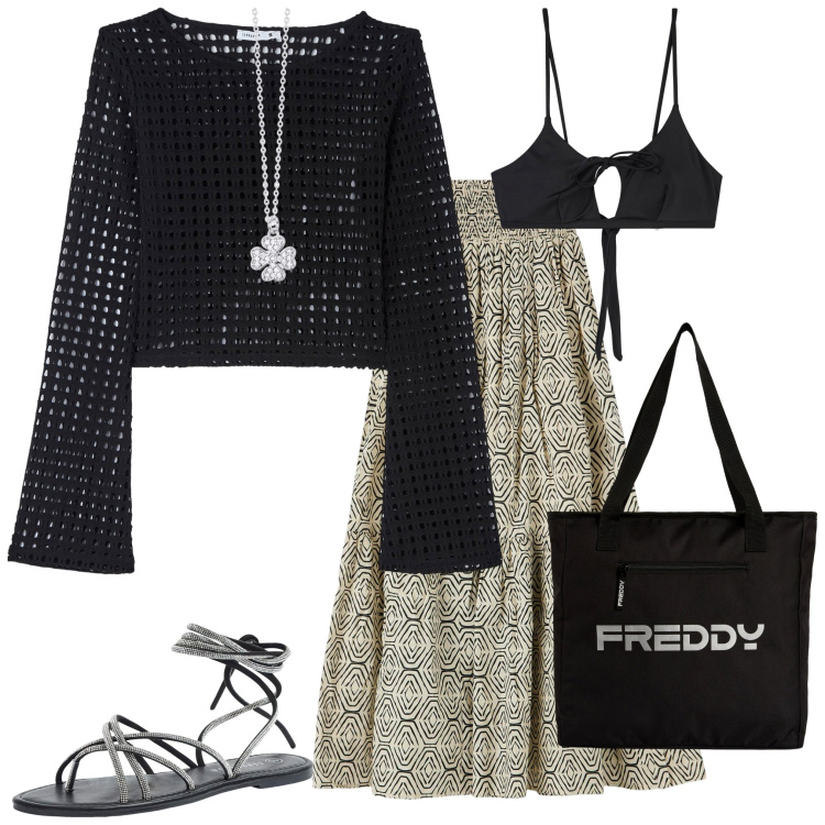 Outfit donna - Coachella festival. Stile Romantica per Serata fuori. Abbinamento con maglieria, sandali alla schiava, gonne lunghe, top, collane, shopping bag.