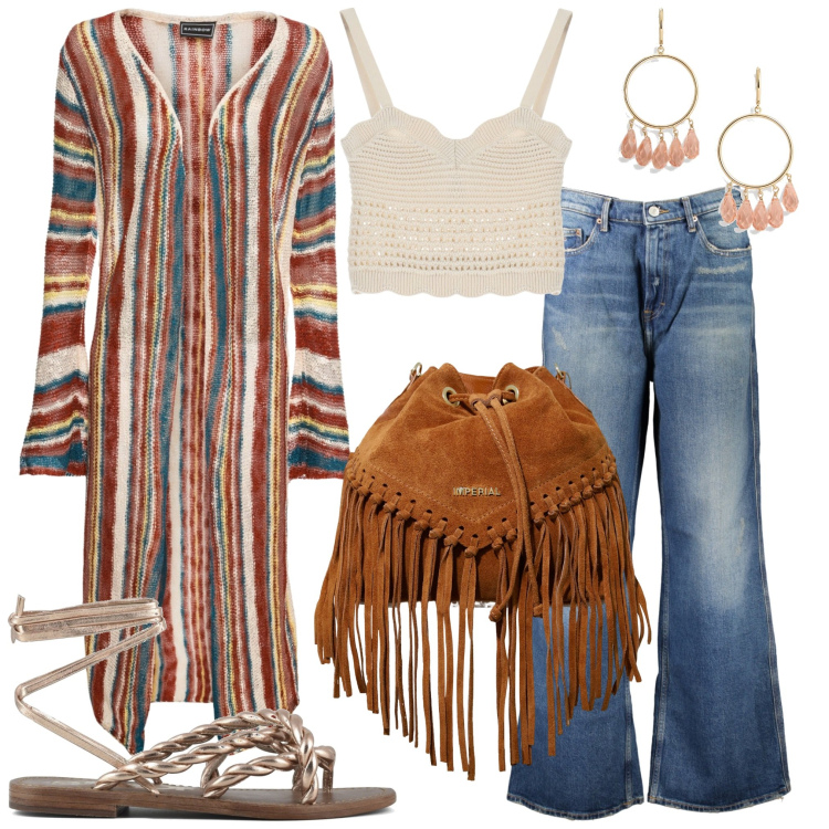 Outfit donna - Coachella festival. Stile Vintage retrò per Serata fuori. Abbinamento con cardigans, borse a secchiello, top, orecchini, jeans, sandali.