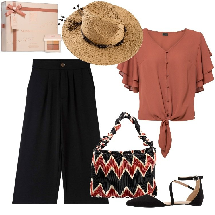 Outfit donna - Total look #1855221. Stile Boho per Tutti i giorni. Abbinamento con camicie, ballerine, cappelli, ombretti, pantaloni a palazzo, borse a spalla.