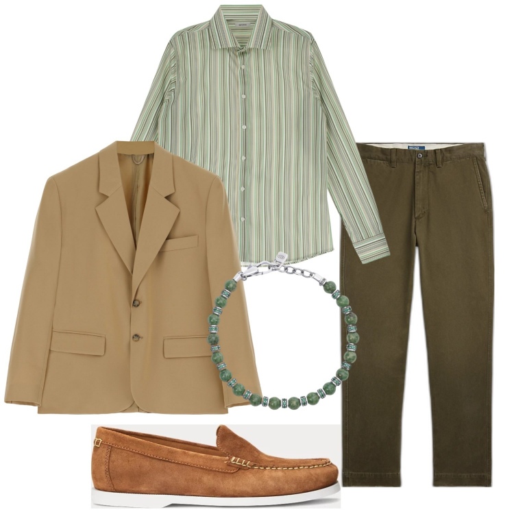 Outfit uomo - Profumo di vetiver. Stile Business/Elegante per Tutti i giorni. Abbinamento con braccialetti, camicie, giacche, scarpe stringate, pantaloni chino.