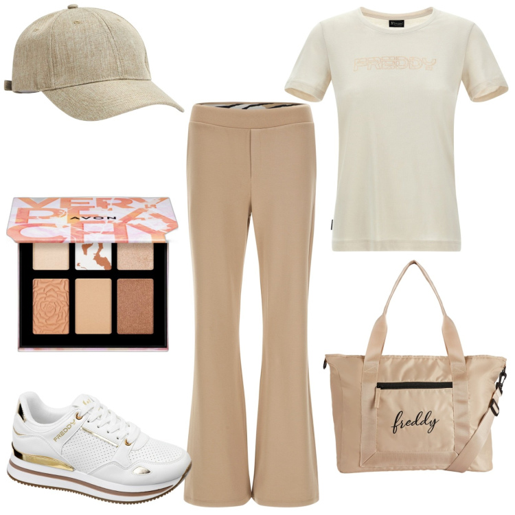Outfit donna - Outfit freddy. Stile Sporty chic Abbinamento con ombretti, cappelli, sneakers, pantaloni, borse tote, t-shirt.