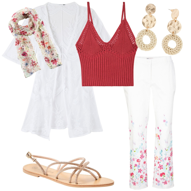 Outfit donna - Coachella festival. Stile Sporty chic per Serata fuori. Abbinamento con foulard, orecchini, pantaloni, sandali, caftani, top.