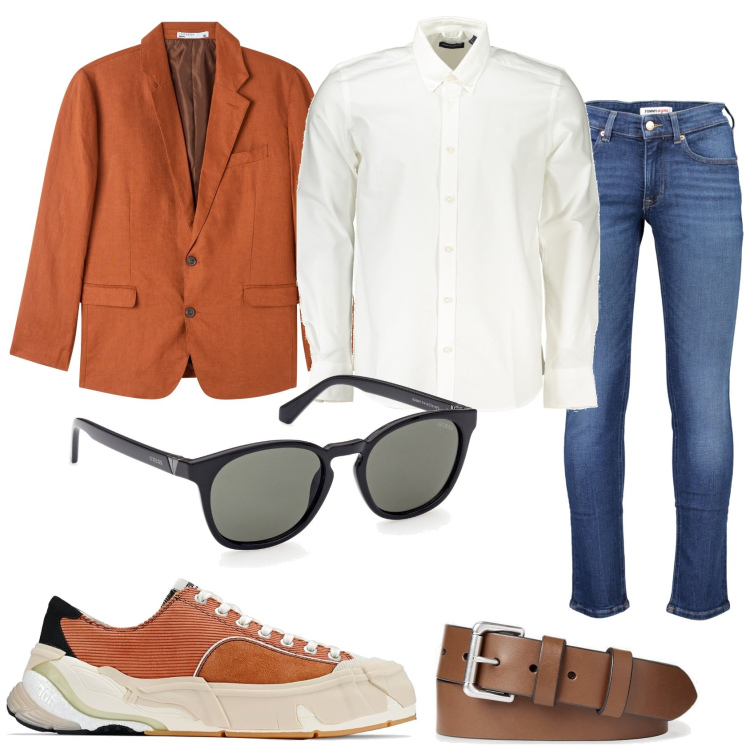 Outfit uomo - Giacca e jeans. Stile Trendy per Tutti i giorni. Abbinamento con giacche, cinture, sneakers, occhiali da sole, jeans, camicie.