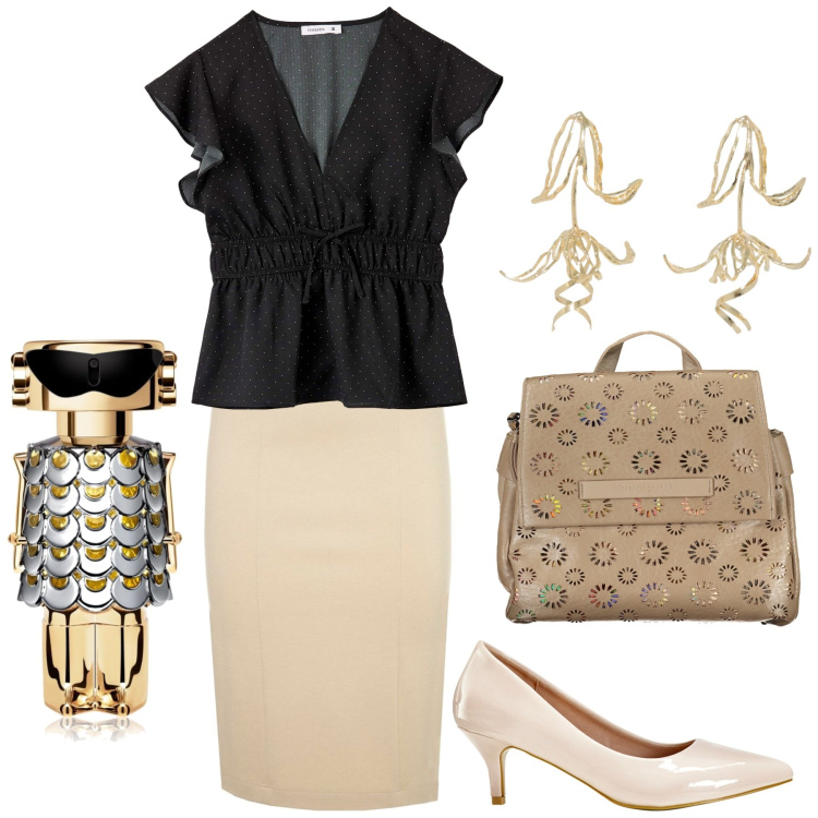 Outfit donna - Giorno e sera. Stile Glamour per Ufficio. Abbinamento con décolleté, profumi, bluse, orecchini, zaini, gonne.