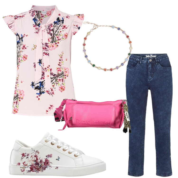 Outfit donna - Colorful sneakers. Stile Casual per Tutti i giorni. Abbinamento con bluse, sneakers, jeans dritti, braccialetti, borse a spalla.