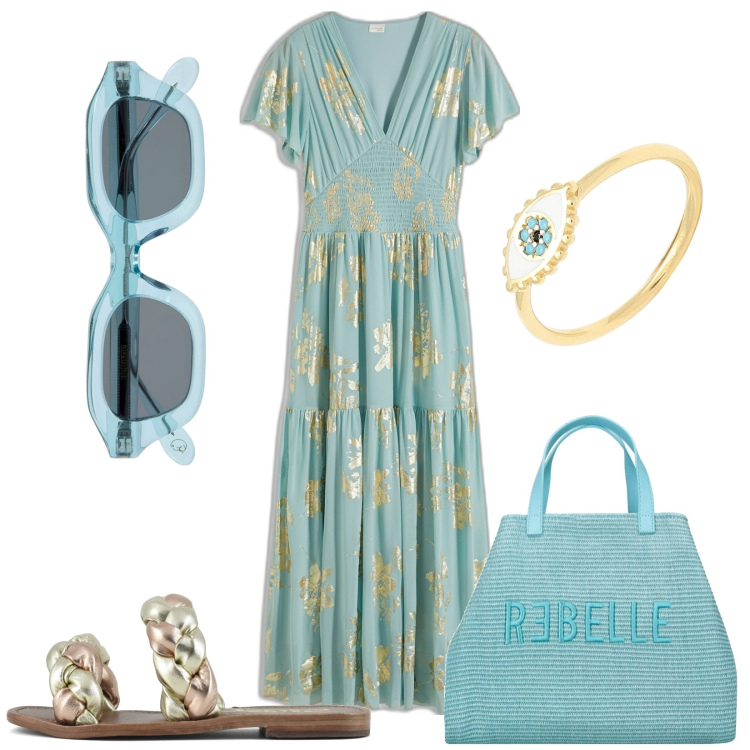 Outfit donna - Luce celeste e oro. Stile Minimal per Tutti i giorni. Abbinamento con vestiti lunghi, anelli, ciabatte, occhiali da sole, shopping bag.