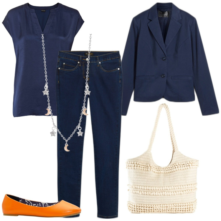 Outfit donna - Tutti i giorni curvy e plus size. Stile Mannish per Tutti i giorni. Abbinamento con jeans dritti, camicie, ballerine, blazer, shopping bag, collane.