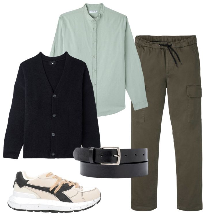 Outfit uomo - Cardigan city. Stile Casual per Tutti i giorni. Abbinamento con pantaloni cargo, sneakers, camicie, cardigans, cinture.
