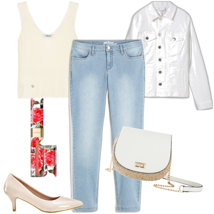 Outfit donna - Curvy e plus size. Stile Basic per Serata fuori. Abbinamento con jeans dritti, décolleté, blazer, borse a tracolla, rossetti, top.