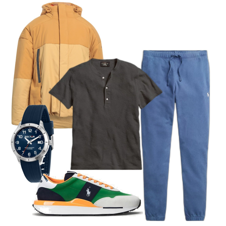 Outfit uomo - Skipper. Stile Casual per Mare. Abbinamento con piumini, orologi, t-shirt, pantaloni, sneakers.