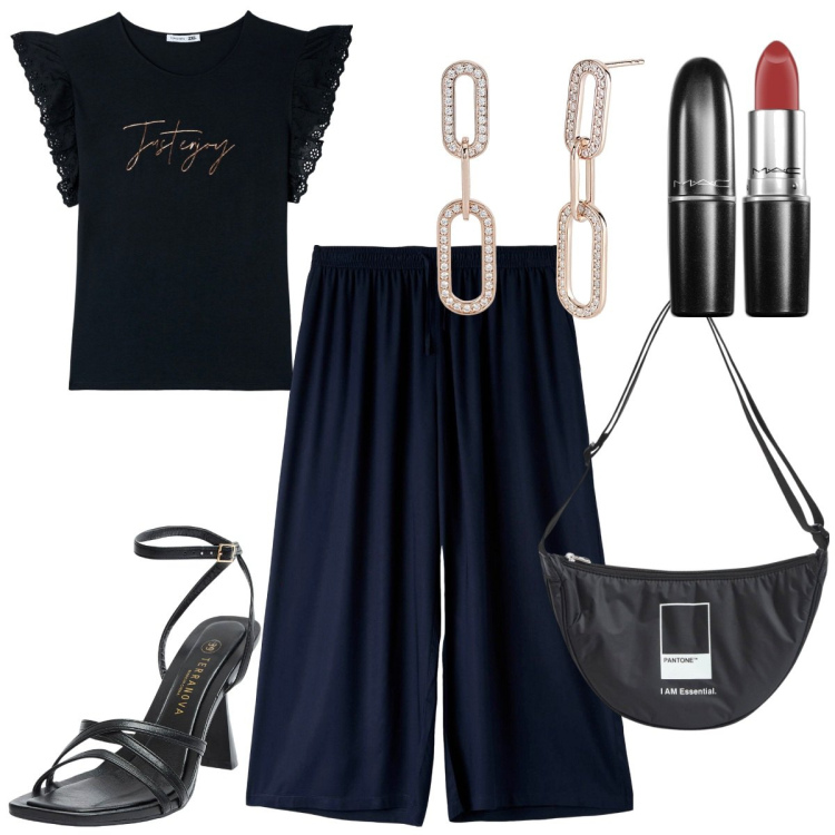 Outfit donna - Curvy e plus size. Stile Casual chic per Serata fuori. Abbinamento con rossetti, marsupi, pantaloni a palazzo, t-shirt, sandali col tacco, orecchini.