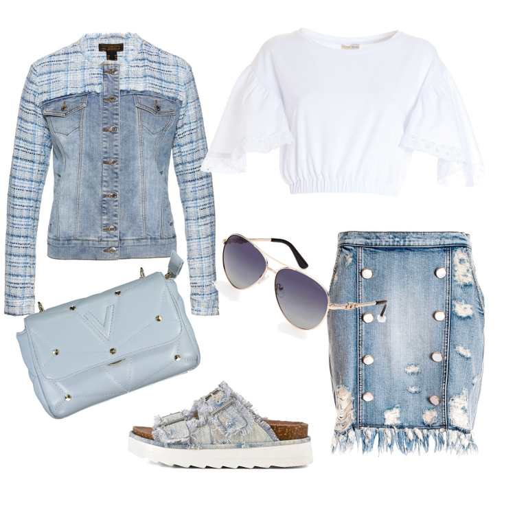 Outfit donna - Al concerto. Stile Casual chic per Tutti i giorni. Abbinamento con blazer, gonne, top, zeppe, occhiali da sole, borse a tracolla.