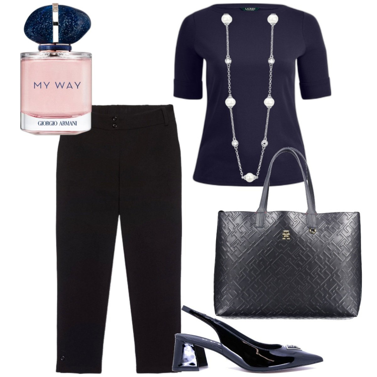 Outfit donna - Curvy e plus size ufficio. Stile Basic per Ufficio. Abbinamento con profumi, collane, top, pantaloni, borse a spalla, décolleté.
