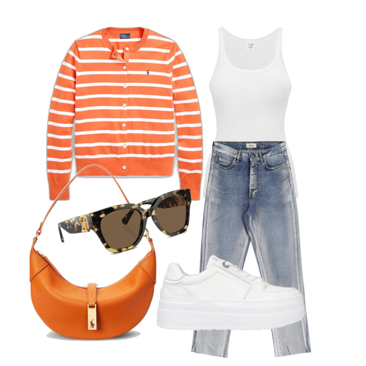 Outfit donna - Ghost outfitter - aprile. Stile Casual per Tutti i giorni. Abbinamento con sneakers, jeans slim fit, occhiali da sole, cardigans, borse a spalla, canottiere.