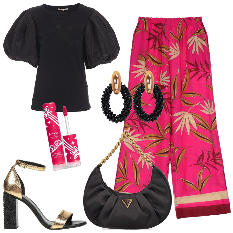 Outfit donna - Black & Pink. Stile Glamour per Serata fuori. Abbinamento con orecchini, sandali in pelle, rossetti, pantaloni, t-shirt, borse a spalla.