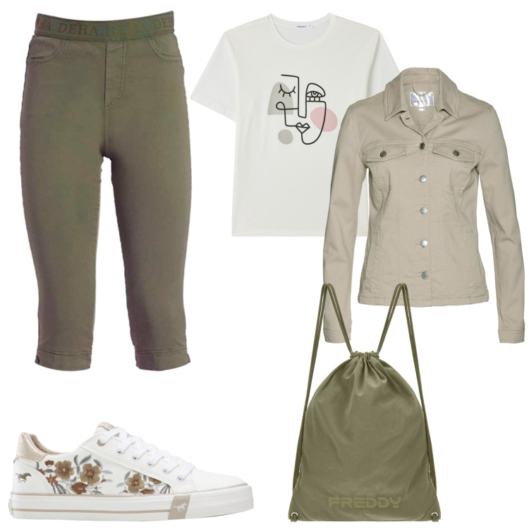 Outfit donna - Pomeriggio in centro. Stile Basic per Tutti i giorni. Abbinamento con blazer, sneakers, t-shirt, zaini, pantaloni.