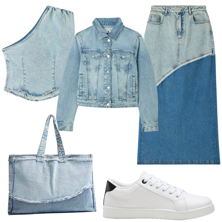 Outfit donna - Total denim. Stile Trendy per Tutti i giorni. Abbinamento con sneakers, gonne lunghe, shopping bag, blazer, top.