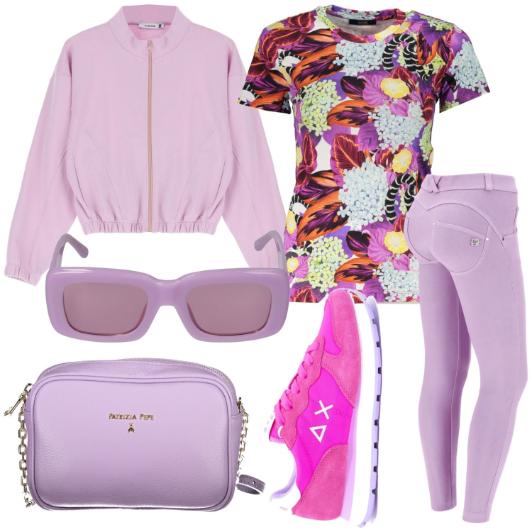 Outfit donna - Lilla che passione. Stile Sporty chic per Tutti i giorni. Abbinamento con felpe, pantaloni skinny, sneakers, t-shirt, borse a tracolla, occhiali da sole.