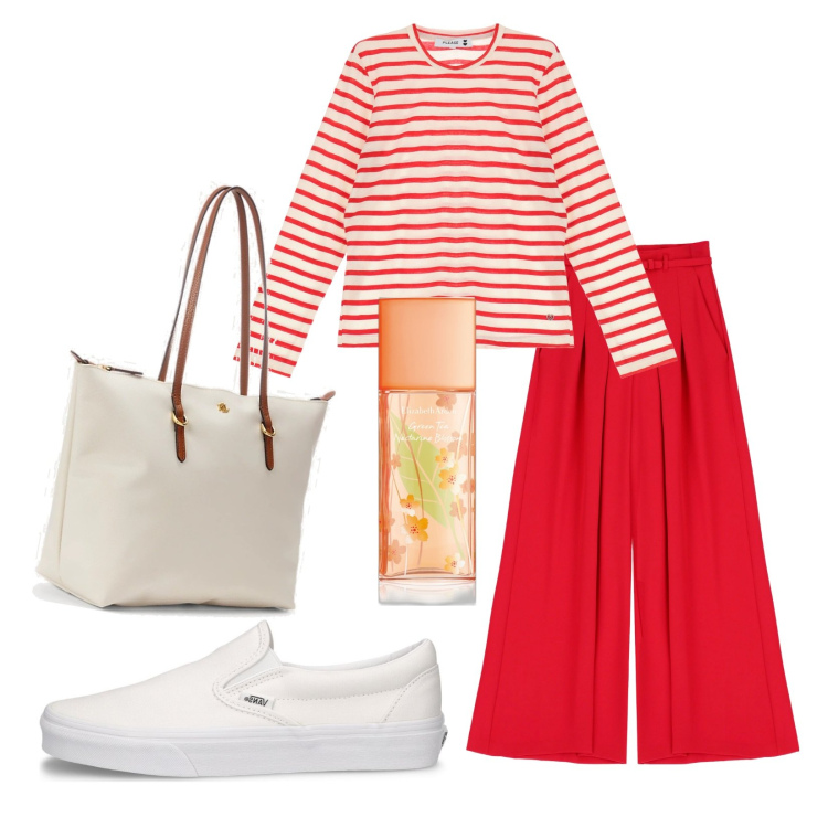 Outfit donna - Sneakers profumo di pesco. Stile Sporty chic per Tutti i giorni. Abbinamento con profumi, t-shirt, pantaloni a palazzo, borse tote, sneakers.