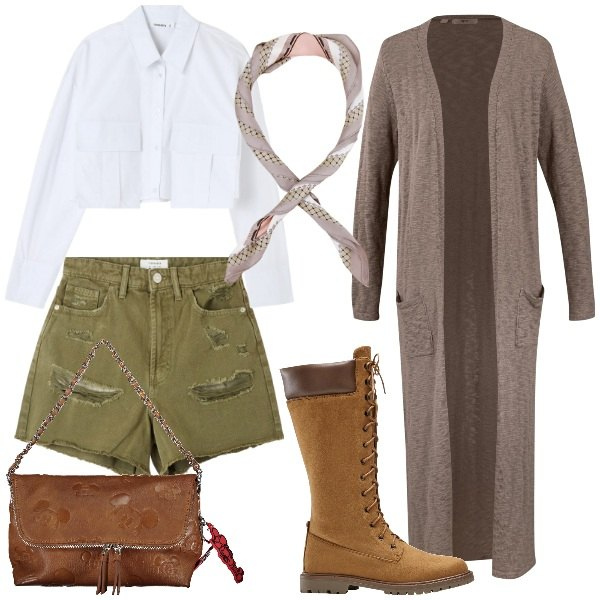 Outfit donna - Festival all\'aperto. Stile Military per Serata fuori. Abbinamento con cardigans, stivali sopra il ginocchio, shorts, camicie, foulard, borse a spalla.