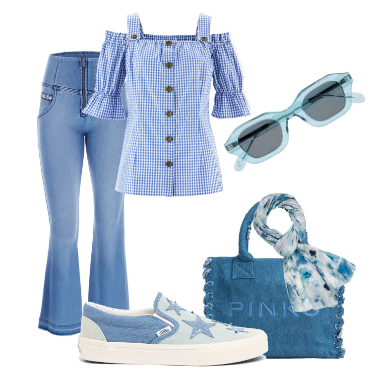 Outfit donna - La camicetta puff. Stile Casual per Tutti i giorni. Abbinamento con camicie a manica corta, shopping bag, jeans a zampa, sneakers, sciarpe, occhiali da sole.
