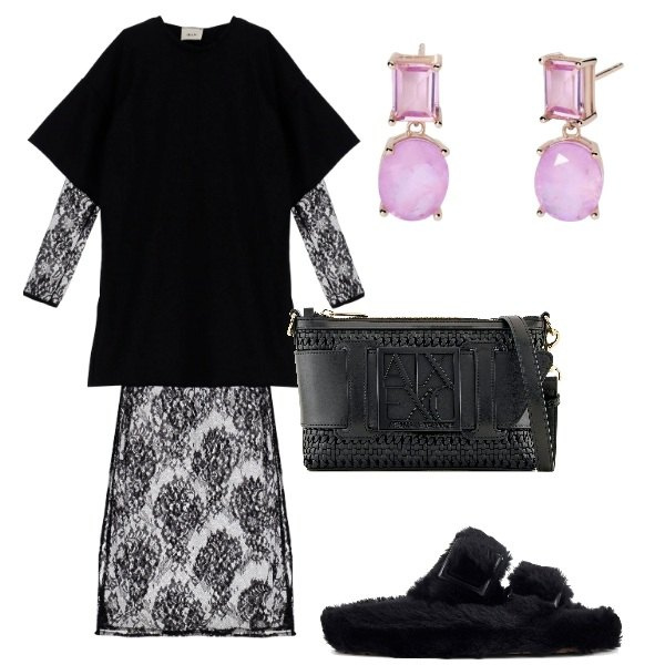 Outfit donna - Abito nero pizzo e cotone. Stile Trendy per Serata fuori. Abbinamento con orecchini, vestiti lunghi, ciabatte, borse a tracolla.