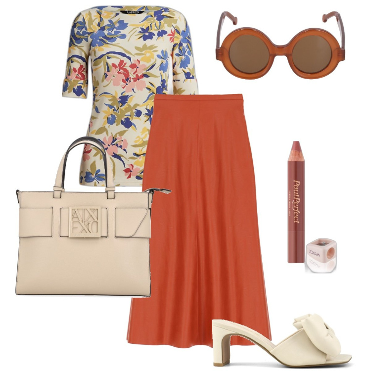 Outfit donna - Delicata con l’arancio. Stile Romantica per Ufficio. Abbinamento con rossetti, gonne longuette, maglieria, sandali col tacco, occhiali da sole, borse tote.