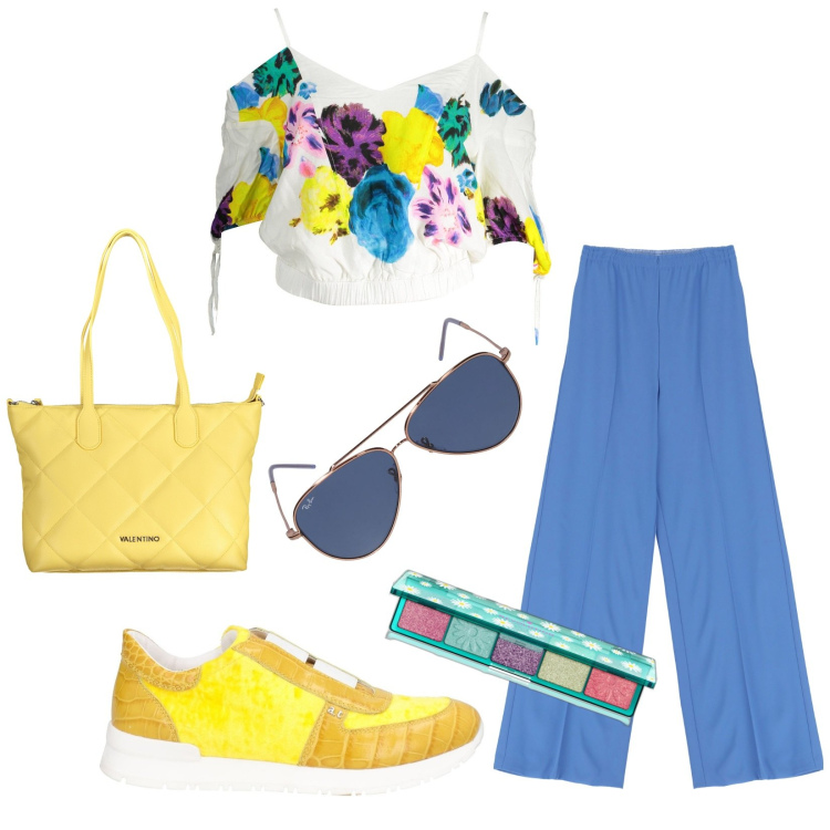 Outfit donna - Look primaverile. Stile Trendy per Tutti i giorni. Abbinamento con sneakers, ombretti, pantaloni, t-shirt, occhiali da sole, borse a spalla.