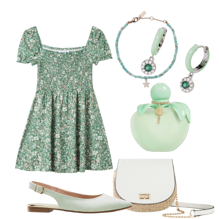Outfit donna - Bambolina a passeggio. Stile Trendy per Tutti i giorni. Abbinamento con ballerine, borse a tracolla, profumi, vestiti corti, braccialetti, orecchini.