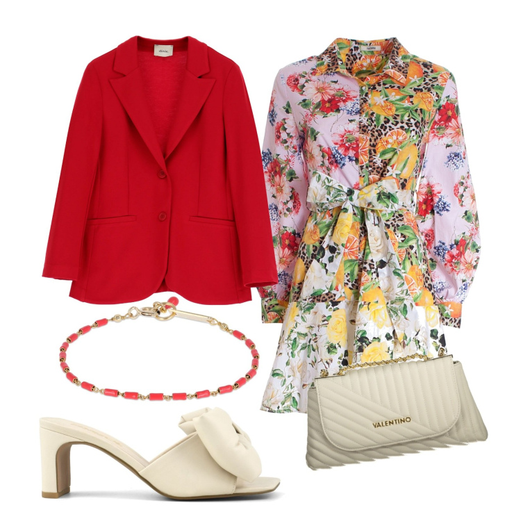 Outfit donna - Look primaverile. Stile Glamour per Tutti i giorni. Abbinamento con blazer, vestiti chemisier, sandali col tacco, braccialetti, borse a tracolla.