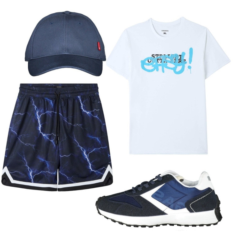 Outfit uomo - Total look #1855425. Stile Casual per Sport. Abbinamento con bermuda, t-shirt, cappelli con visiera, scarpe sportive.
