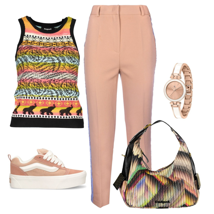 Outfit donna - Peach. Stile Urban per Tutti i giorni. Abbinamento con orologi, pantaloni, borse a spalla, sneakers, canottiere.