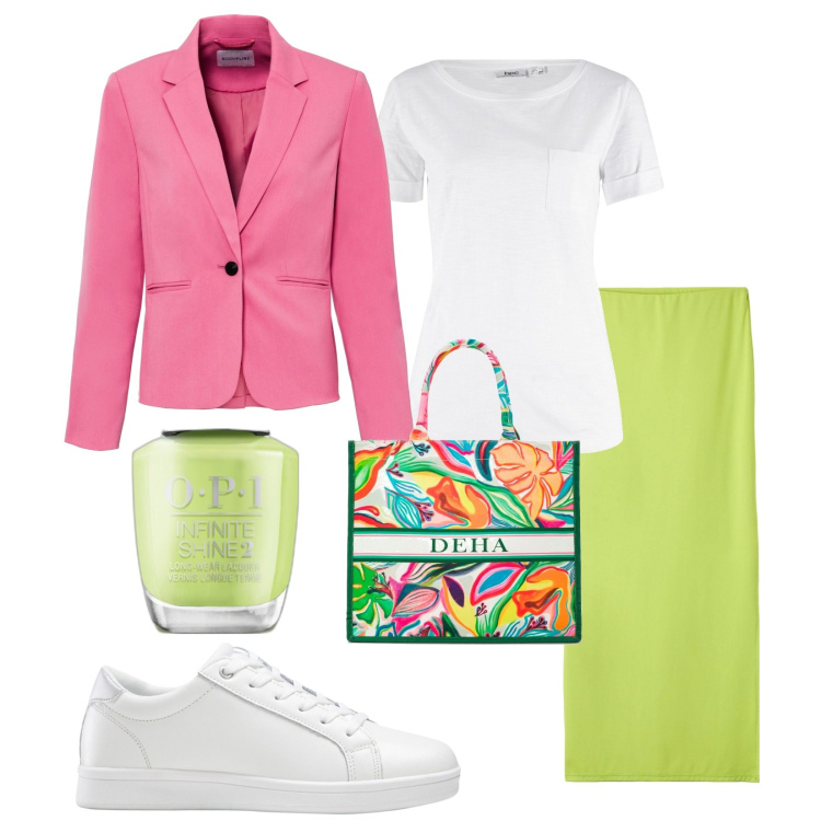 Outfit donna - Pomeriggio in città. Stile Glamour per Tutti i giorni. Abbinamento con t-shirt, sneakers, blazer, smalti, gonne lunghe, shopping bag.