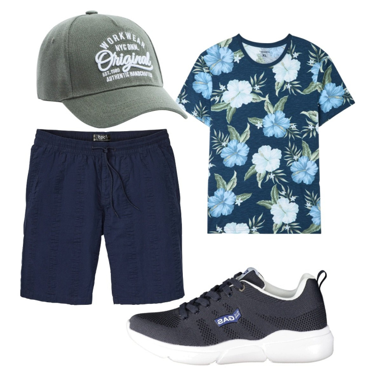 Outfit uomo - Total look #1855435. Stile Casual per Tutti i giorni. Abbinamento con bermuda, t-shirt, cappelli, scarpe sportive.