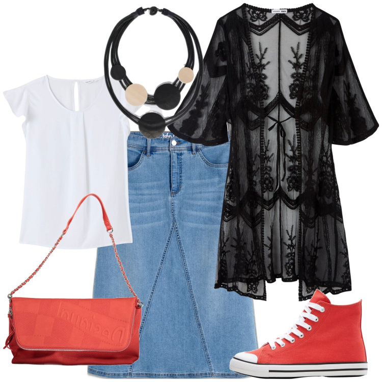 Outfit donna - Mix perfetto. Stile Vintage retrò per Tutti i giorni. Abbinamento con gonne, sneakers alte, bluse, caftani, borse a mano, collane.
