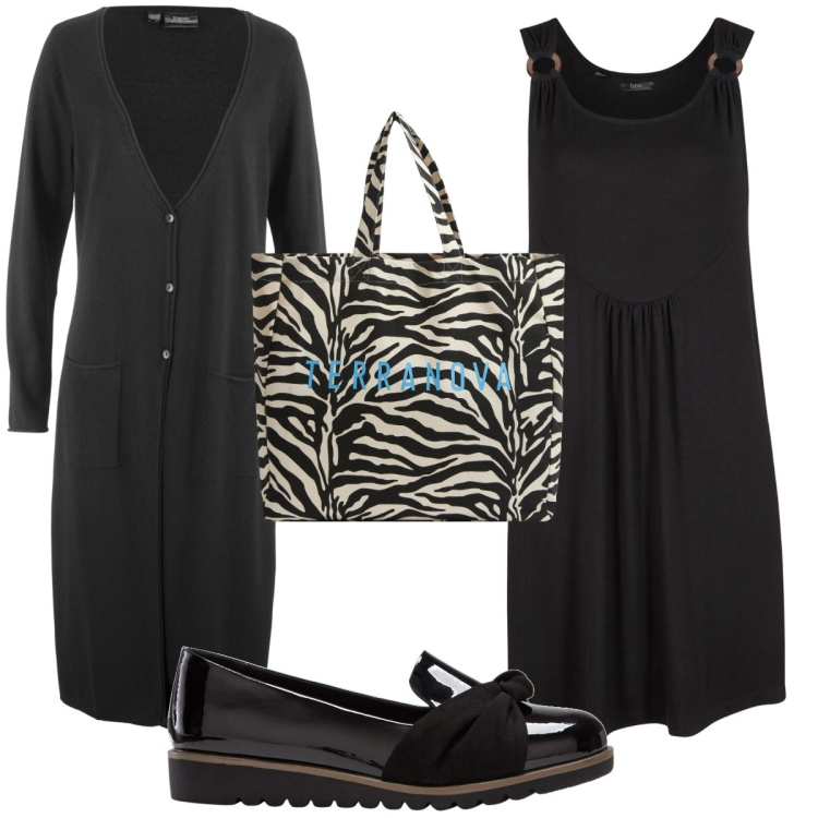 Outfit donna - Total look #1855451. Stile Trendy per Tutti i giorni. Abbinamento con cardigans, vestiti midi/longuette, mocassini, borse tote.