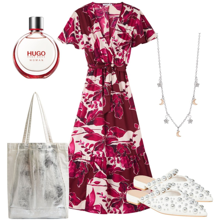 Outfit donna - Un abito fresco e colorato. Stile Romantica per Tutti i giorni. Abbinamento con profumi, vestiti lunghi, ballerine, shopping bag, collane.