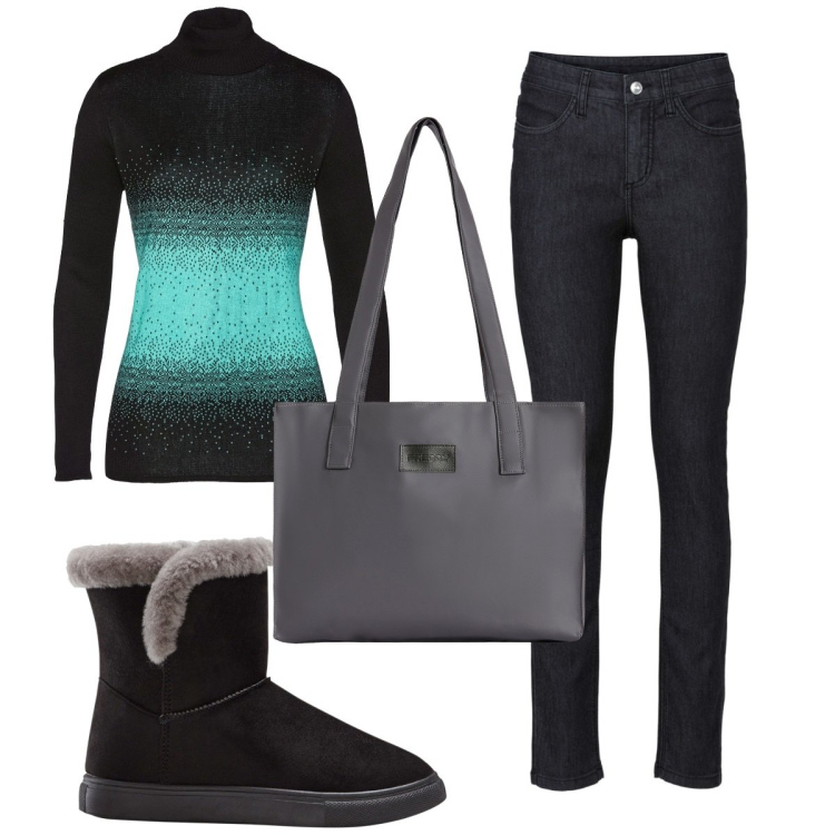 Outfit donna - Total look #1855474. Stile Basic per Tutti i giorni. Abbinamento con jeans skinny, maglieria, stivaletti, shopping bag.