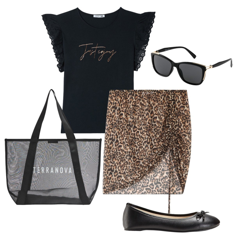 Outfit donna - Con la minigonna leopardata. Stile Preppy per Tutti i giorni. Abbinamento con ballerine, occhiali da sole, minigonne, t-shirt, shopping bag.