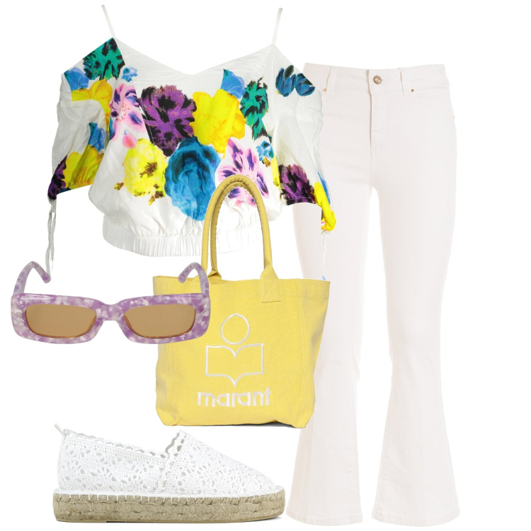 Outfit donna - Total look #1855478. Stile Casual per Tutti i giorni. Abbinamento con jeans, espadrillas, t-shirt, occhiali da sole, shopping bag.