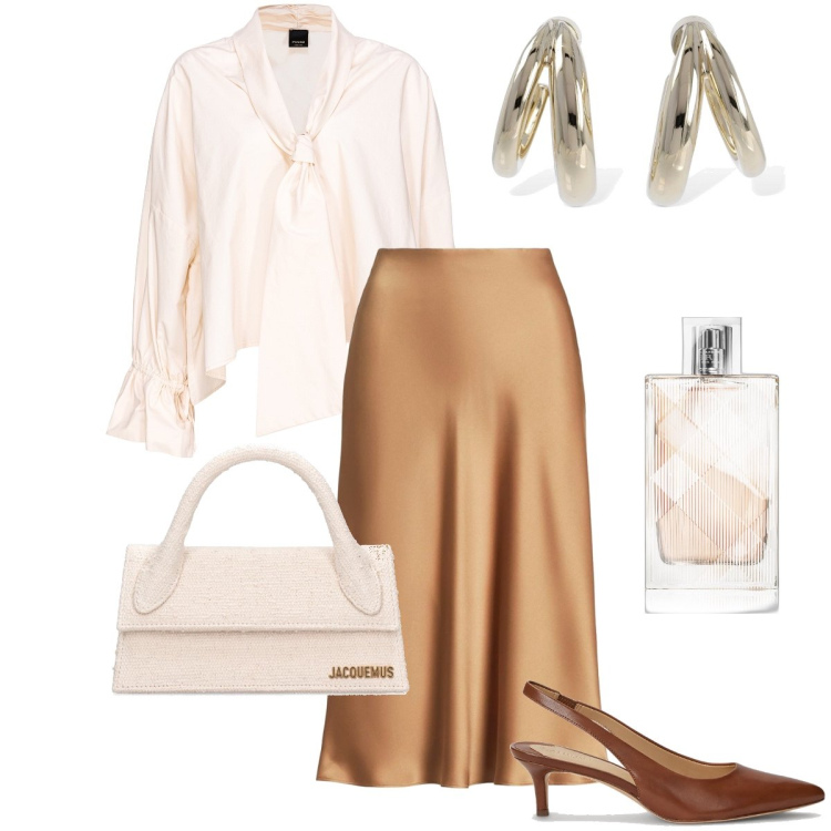 Outfit donna - Chic ad aprile. Stile Chic per Cerimonia. Abbinamento con profumi, bluse, décolleté, gonne, orecchini, borse a mano.