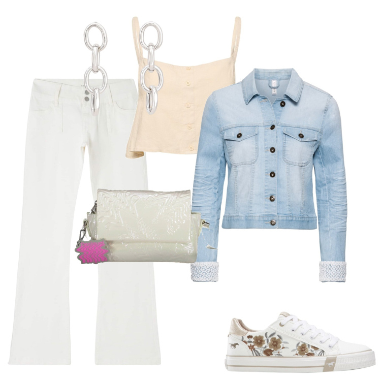Outfit donna - La borsa a tracolla. Stile Trendy per Tutti i giorni. Abbinamento con blazer, sneakers, pantaloni, orecchini, borse a tracolla, top.