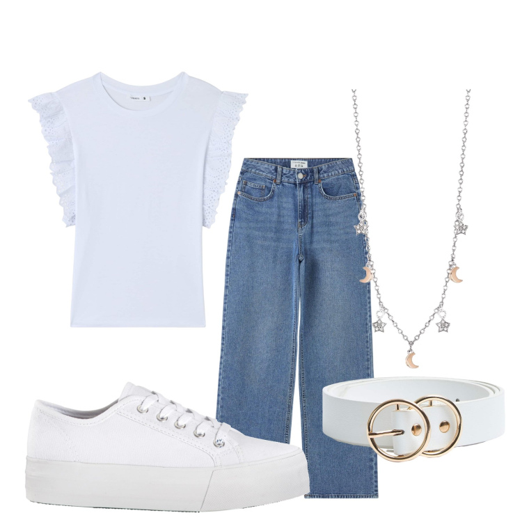 Outfit donna - Semplice di giorno. Stile Basic per Tutti i giorni. Abbinamento con sneakers, jeans, t-shirt, cinture, collane.