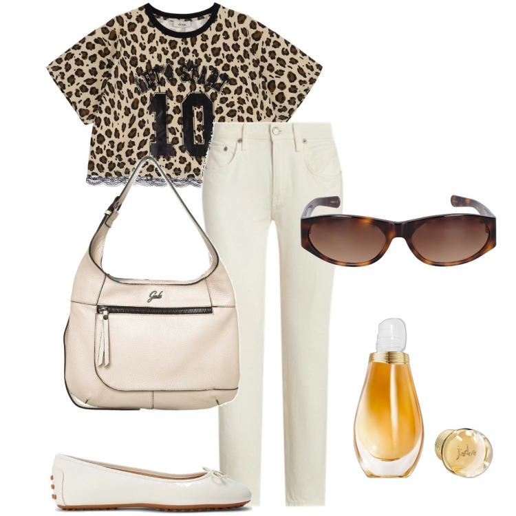 Outfit donna - La t-shirt leopardata. Stile Casual chic per Tutti i giorni. Abbinamento con profumi, jeans, ballerine, felpe, occhiali da sole, borse a spalla.