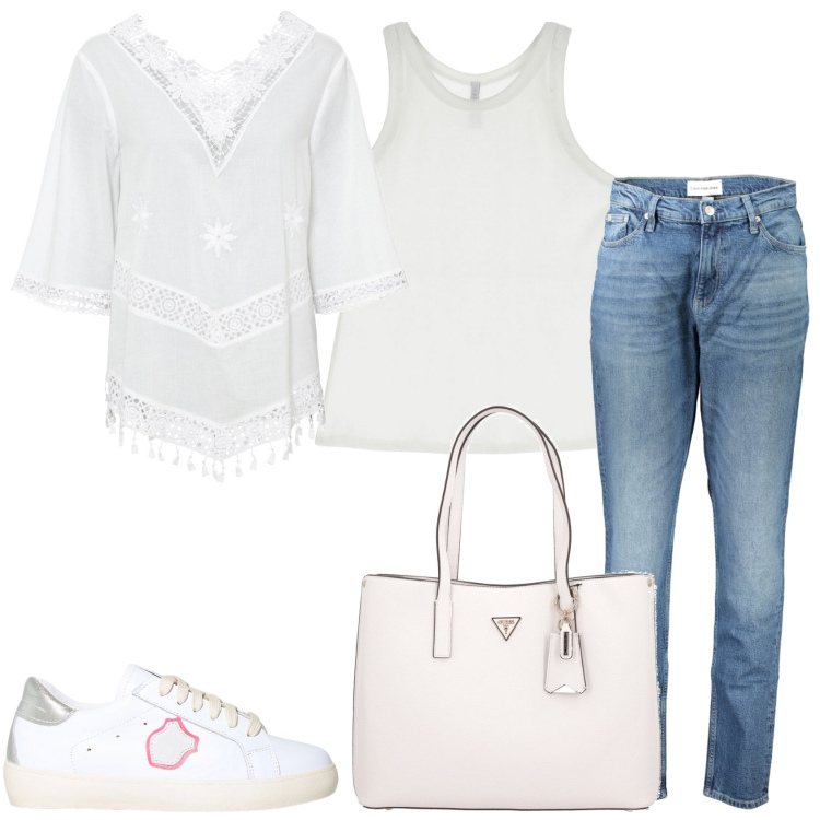 Outfit donna - Passeggiata in bianco. Stile Casual chic per Tutti i giorni. Abbinamento con tuniche, canottiere, sneakers, jeans mom, shopping bag.