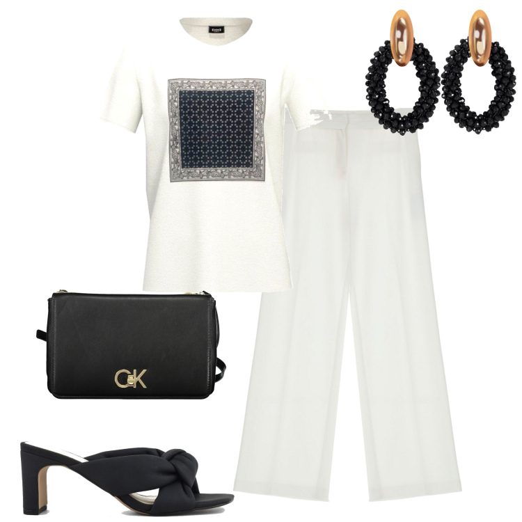 Outfit donna - Total look #1855503. Stile Casual chic per Tutti i giorni. Abbinamento con orecchini, pantaloni, sandali col tacco, t-shirt, borse a tracolla.