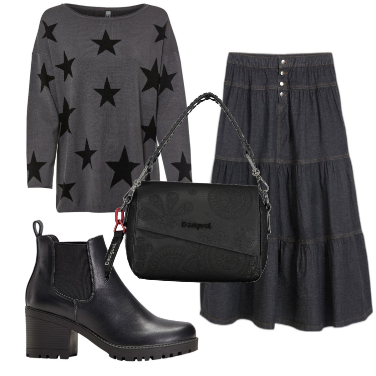 Outfit donna - Total look #1855505. Stile Trendy per Tutti i giorni. Abbinamento con stivaletti chelsea, maglieria, gonne, borse a spalla.