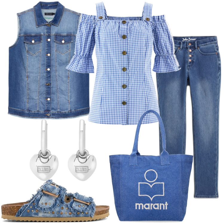 Outfit donna - Il denim per la domenica. Stile Trendy per Tutti i giorni. Abbinamento con camicie a manica corta, jeans dritti, orecchini, sandali, gilet, shopping bag.