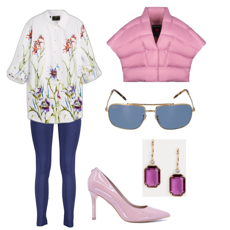 Outfit donna - Fiori e volume. Stile Romantica per Serata fuori. Abbinamento con camicie, cappe, orecchini, occhiali da sole, décolleté, leggings.