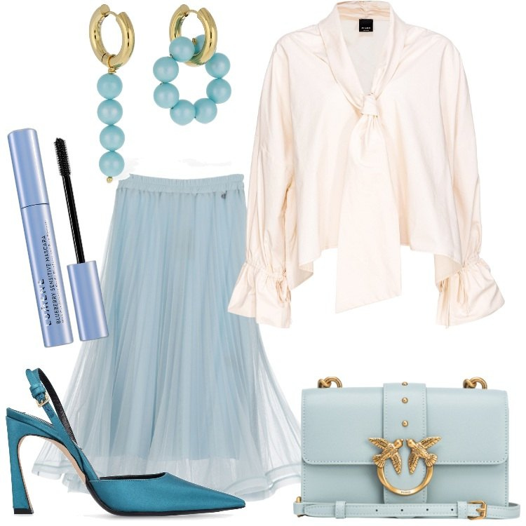 Outfit donna - Puff Volumes. Stile Romantica per Cerimonia. Abbinamento con mascara, bluse, borse a tracolla, gonne lunghe, décolleté, orecchini.